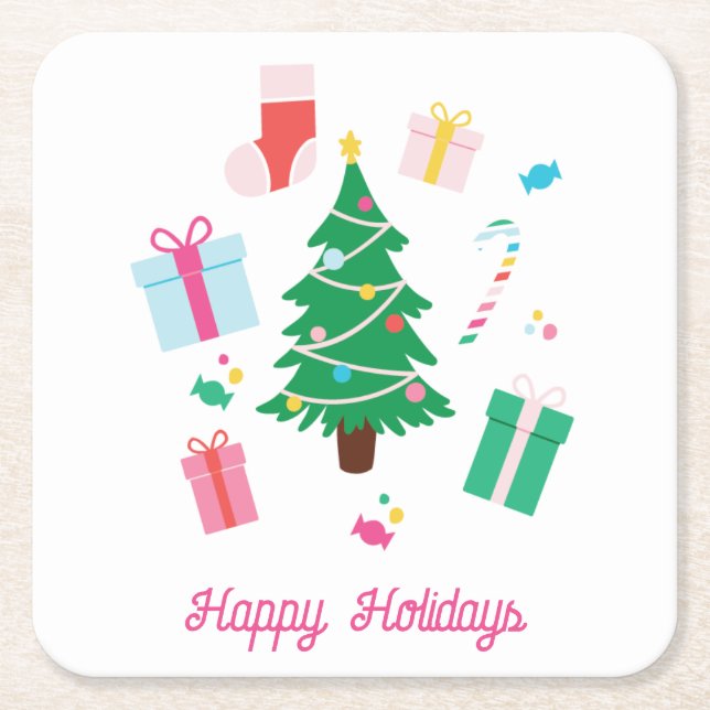 Preppy Christmas Tree Happy Holidays Square Paper Coaster (Front)
