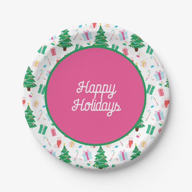 Preppy Christmas Tree Holiday  Paper Plates (Front)