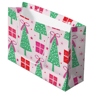Preppy Christmas Trees with Pink Bows and Gift Box Large Gift Bag