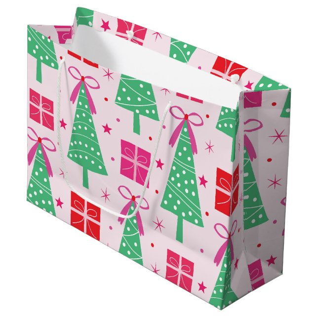 Preppy Christmas Trees with Pink Bows and Gift Box Large Gift Bag (Front Angled)