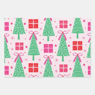 Preppy Christmas Trees with Pink Bows and Gift Box Wrapping Paper Sheets