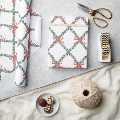 Preppy Christmas Trellis with Little Red Bows Wrapping Paper