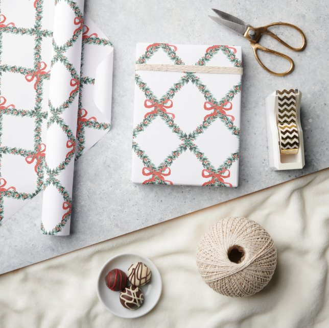 Preppy Christmas Trellis with Little Red Bows Wrapping Paper (Crafts)