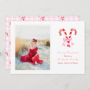 Preppy Christmas Watercolor Candy Canes Pink Bows Holiday Card