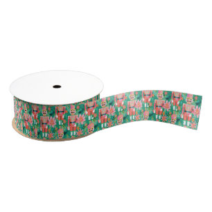 Preppy Christmas Watercolor Pink Green Nutcracker Grosgrain Ribbon