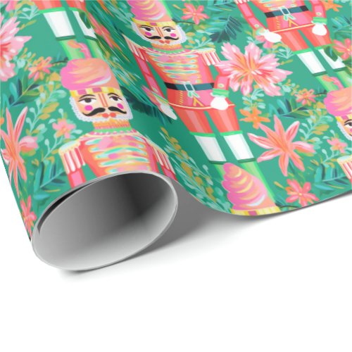 Preppy Christmas Watercolor Pink Green Nutcracker Wrapping Paper