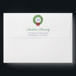 Preppy Christmas Wreath Monogram Return Address Envelope<br><div class="desc">Return Address envelope design featuring a single letter monogram inside a boxwood wreath. The inside features a green and white "Greek Key" pattern. Watercolor elements handpainted by me before being scanned into digital form. To match my Christmas Boxwood Topiary Red Bow range of stationery.</div>