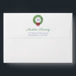 Preppy Christmas Wreath Monogram Return Address Envelope<br><div class="desc">Return Address envelope design featuring a single letter monogram inside a boxwood wreath. The inside features a green and white "Greek Key" pattern. Watercolor elements handpainted by me before being scanned into digital form. To match my Christmas Boxwood Topiary Red Bow range of stationery.</div>