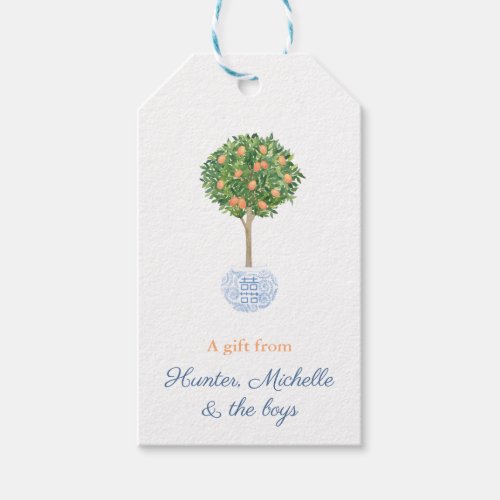 Preppy Citrus Orange Sky Blue Topiary Tree Hostess Gift Tags