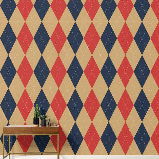 Preppy Classic Argyle Khaki, Navy & Barn Red Wallpaper (Hallway)