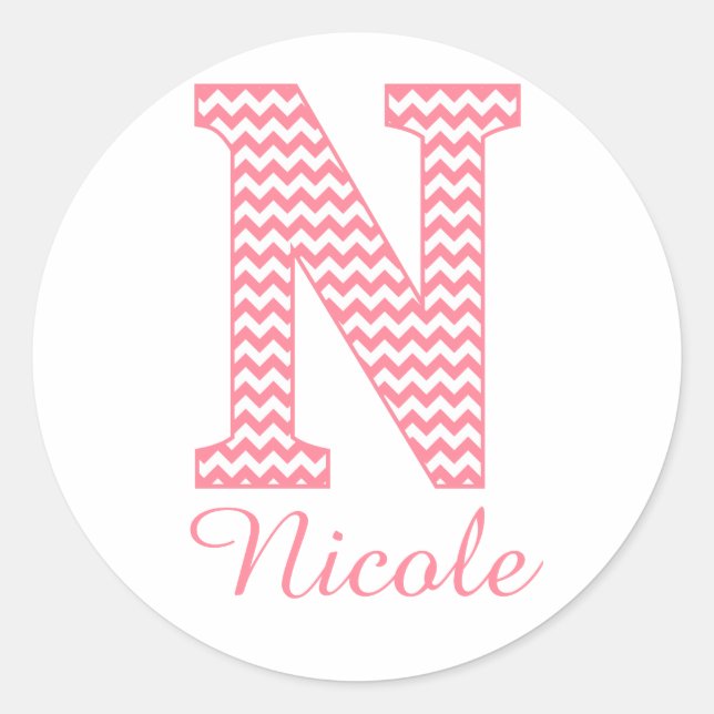 Preppy Classic Pink Chevon Letter N Monogram Round Sticker (Front)