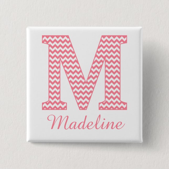 Preppy Classic Pink Chevron Letter M Monogram Pinback Button (Front)