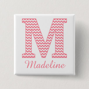 Preppy Classic Pink Chevron Letter M Monogram Pinback Button