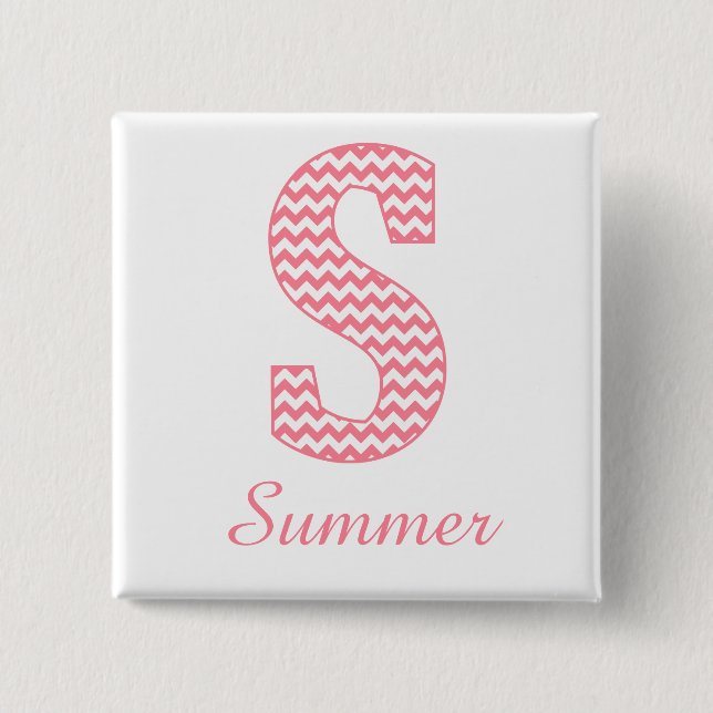 Preppy Classic Pink Chevron Letter S Monogram Pinback Button (Front)