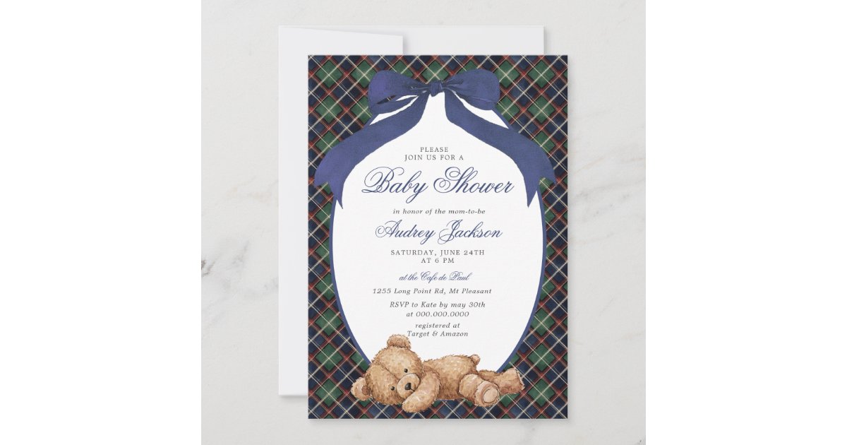 Preppy Classic Polo Bear Navy Plaid Baby Shower Invitation | Zazzle