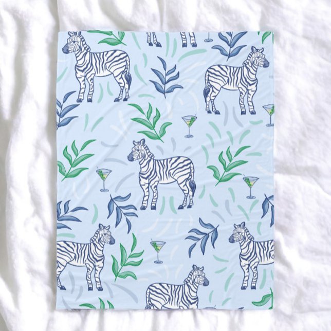 Preppy Classic Zebras and Martinis Blue  Fleece Blanket (Creator Uploaded)
