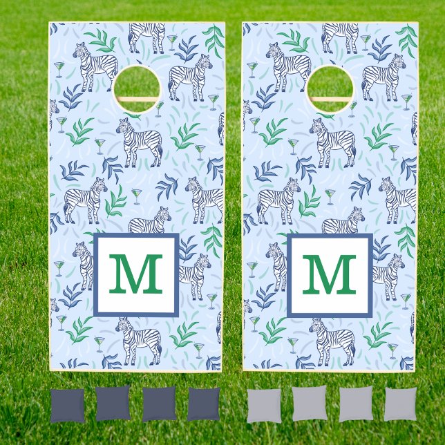 Preppy Classic Zebras and Martinis Blue Monogram  Cornhole Set (Creator Uploaded)