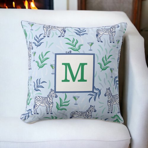 Preppy Classic Zebras and Martinis Blue Monogram  Throw Pillow