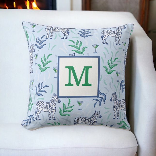 Preppy Classic Zebras and Martinis Blue Monogram  Throw Pillow (Creator Uploaded)