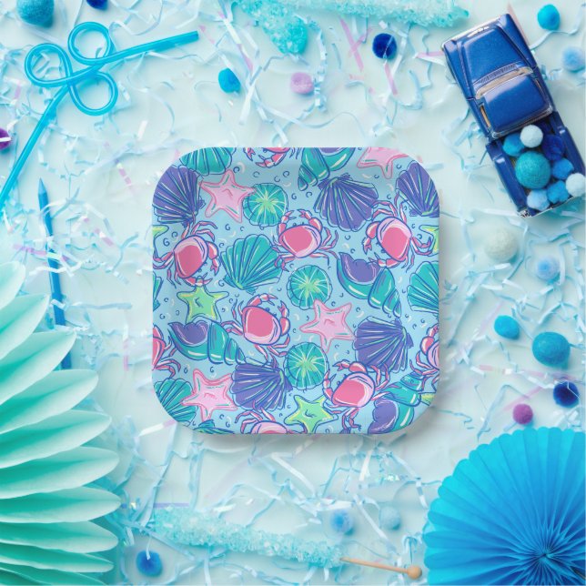 Preppy Coastal Beach Shell Crab Paper Plates (Party)