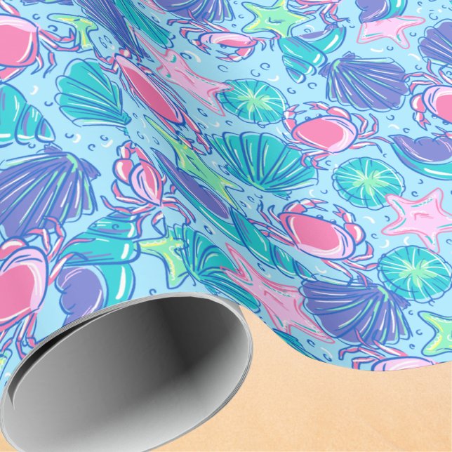 Preppy Coastal Beach Shells and Pink Crabs Wrapping Paper (Creator Uploaded)