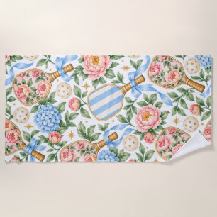 Preppy Coastal Chic Pickleball Blue & Blush Pink Beach Towel