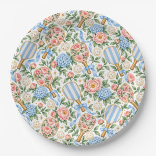Preppy Coastal Chic Pickleball Blue & Blush Pink Paper Plates