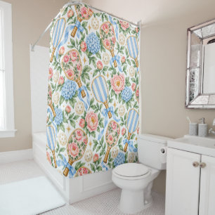 Preppy Coastal Chic Pickleball Blue & Blush Pink Shower Curtain