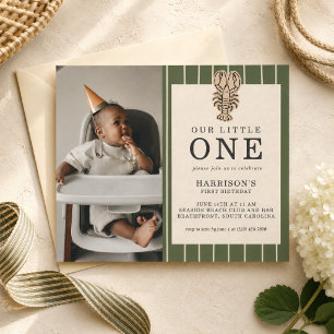 Preppy Coastal Lobster First Birthday Photo Invitation