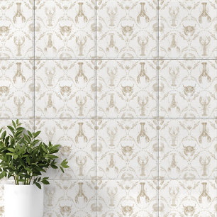 Preppy Coastal Lobsters and Crabs in Sandy Beige Ceramic Tile