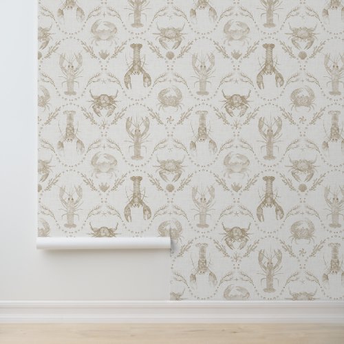 Preppy Coastal Lobsters and Crabs in Sandy Beige Wallpaper