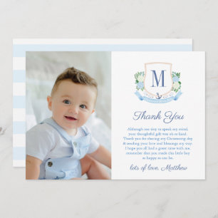 Preppy Coastal Monogram Baby Boy Christening Photo Thank You Card