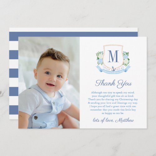 Preppy Coastal Monogram Baby Boy Christening Photo Thank You Card