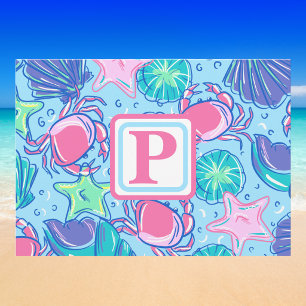 Preppy Coastal Monogram Shells Pink Crab Blue Note Card