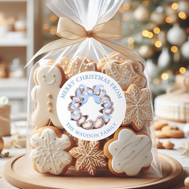 Preppy Coastal Oyster Bow Wreath Christmas Address Classic Round Sticker (Creator Uploaded)