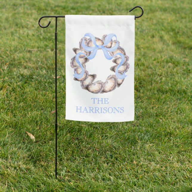 Preppy Coastal Oyster Bow Wreath Christmas Garden Flag (In SItu)