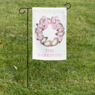 Preppy Coastal Oyster Bow Wreath Christmas Garden Flag