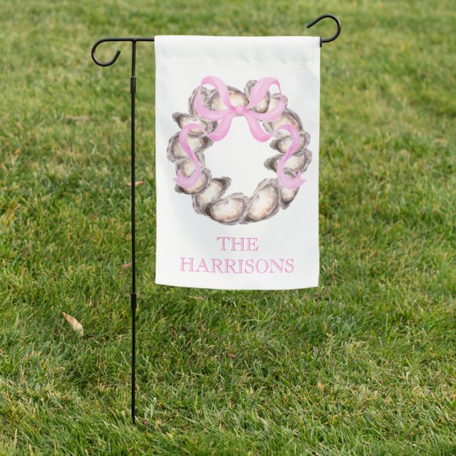 Preppy Coastal Oyster Bow Wreath Christmas Garden Flag (In SItu)