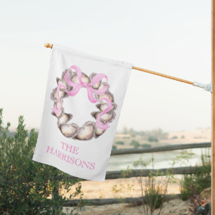 Preppy Coastal Oyster Bow Wreath Christmas House Flag