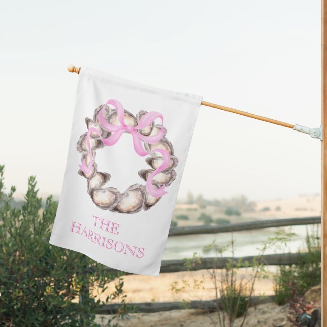 Preppy Coastal Oyster Bow Wreath Christmas House Flag (Insitu (Back))
