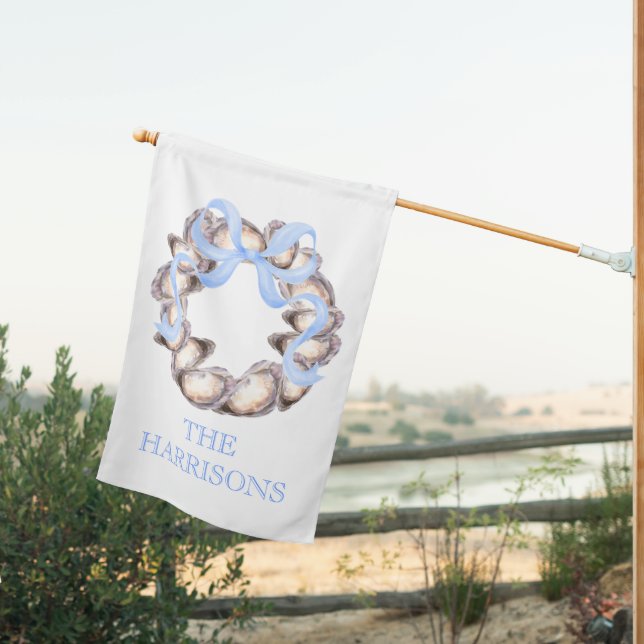 Preppy Coastal Oyster Bow Wreath Christmas House Flag (Insitu (Back))