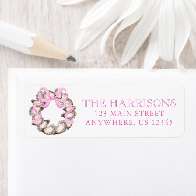 Preppy Coastal Oyster Bow Wreath Christmas Label (Insitu)