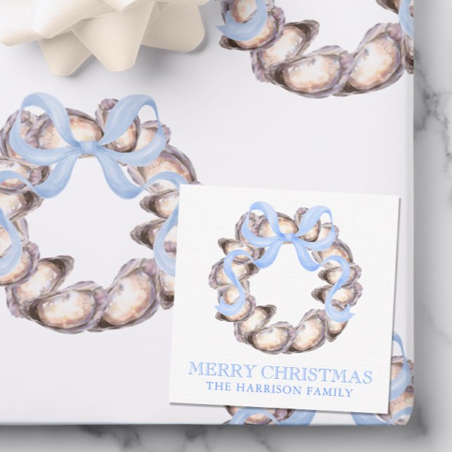 Preppy Coastal Oyster Bow Wreath Christmas Note Card (Creator Uploaded)