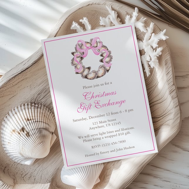 Preppy Coastal Oyster Bow Wreath Christmas Party Invitation (Creator Uploaded)