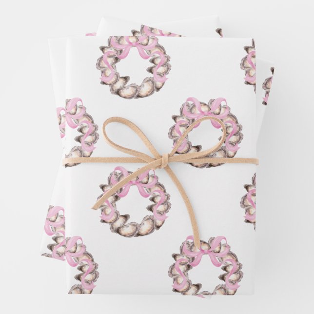 Preppy Coastal Oyster Bow Wreath Christmas Wrapping Paper Sheets (In situ)