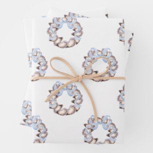 Preppy Coastal Oyster Bow Wreath Christmas Wrapping Paper Sheets