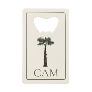 Preppy Coastal Palm Tree Monogram Credit Card Bottle Opener