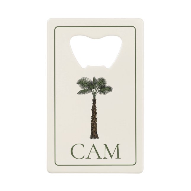 Preppy Coastal Palm Tree Monogram Credit Card Bottle Opener (Front)