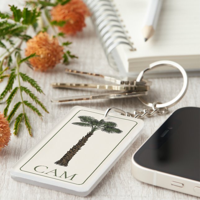 Preppy Coastal Palm Tree Monogram Keychain (Front Right)