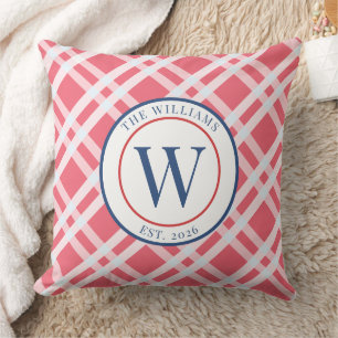 Preppy Coastal Pink Plaid Monogram Family Crest Throw Pillow